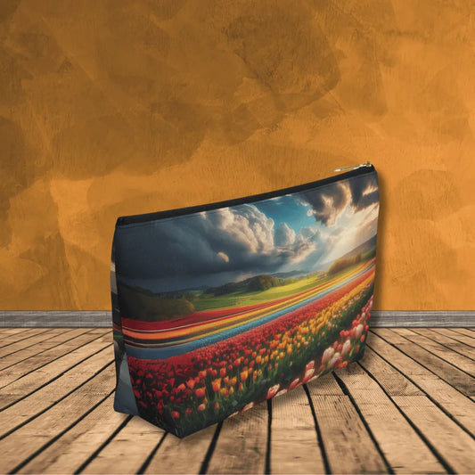 Everyday bag with T-bottom, perfect for accessories, makeup, technology or travel (Flowers landscape)