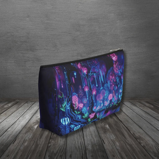 Everyday bag with T-bottom, perfect for accessories, makeup, technology or travel (Neon-lit jungle)
