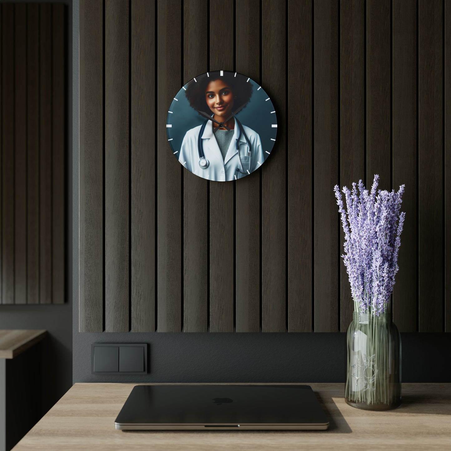 Contemporary acrylic wall Clock, modern timepiece for any space (Happy doctor's day)