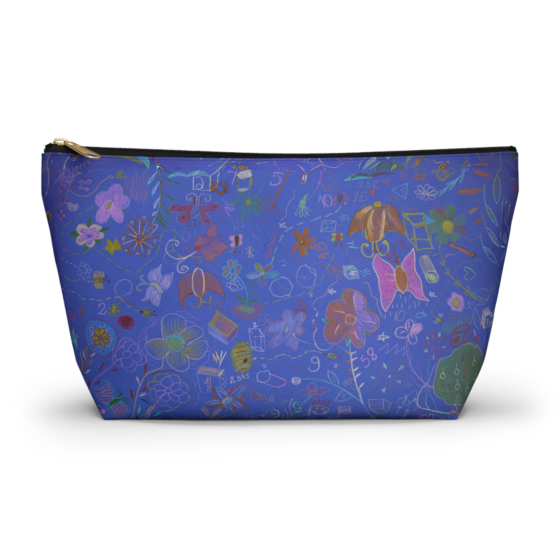 Everyday bag with T-bottom, perfect for accessories, makeup, technology or travel (Blue with drawings)
