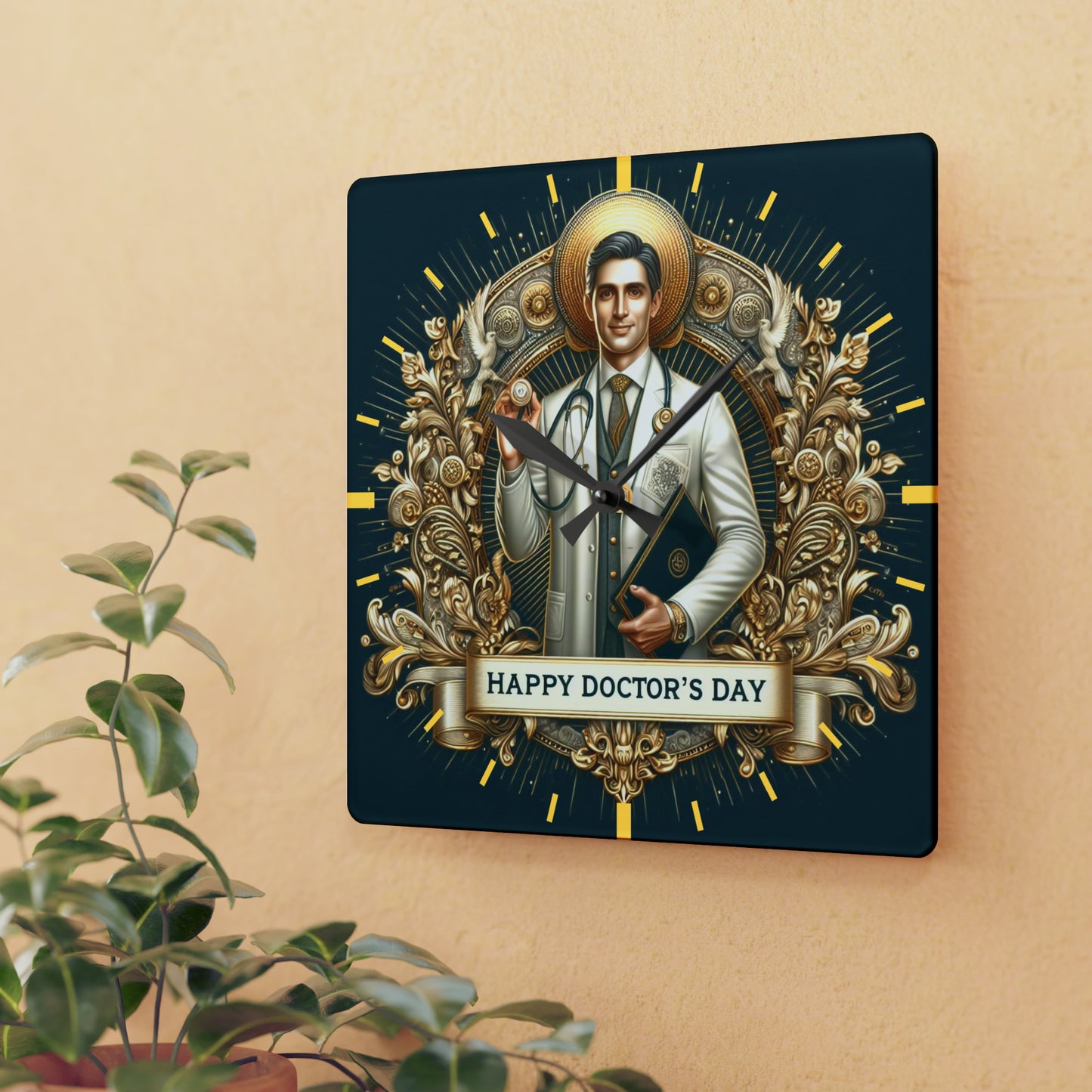 Contemporary acrylic wall Clock, modern timepiece for any space (Happy doctor's day)