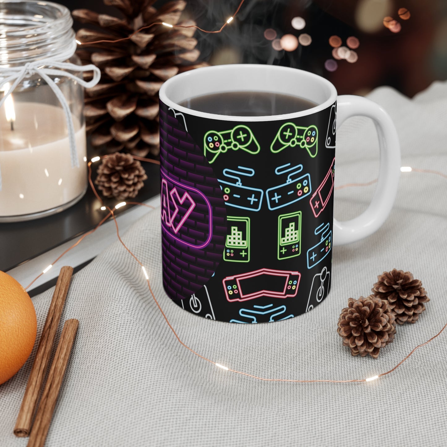 Mug with custom design 11oz, Cup for video game lovers, gamer Mug, gaming mug (Neon play)
