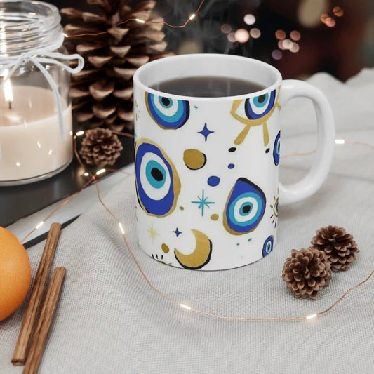 Mug with custom design 11oz, Cup for lovers of Turkish eye and Hamsa hand