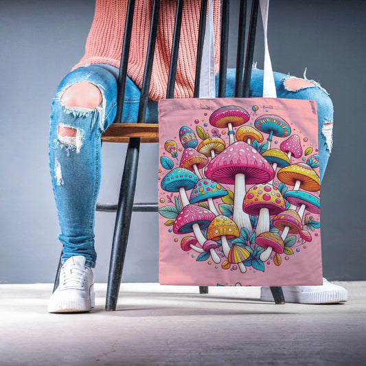 Personalized Tote Bag for daily use (Mushrooms with pink background)